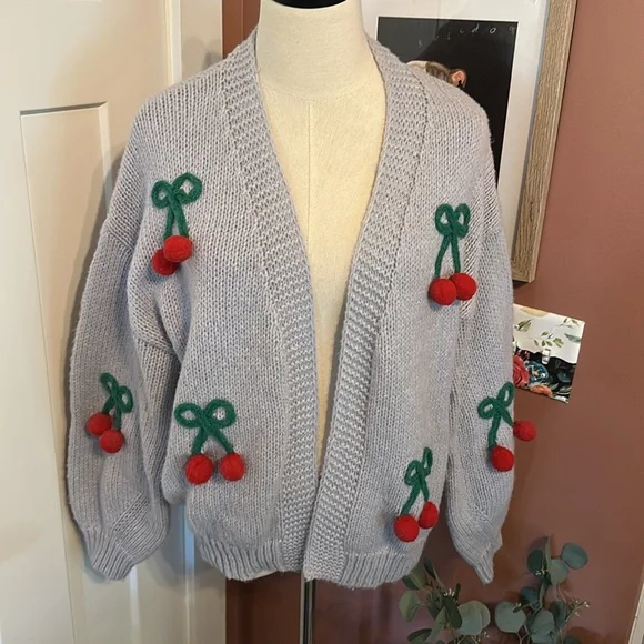 Anthropologie Luna Ivy 3D cherry oversized open front light blue S cardigan - Picture 10 of 10